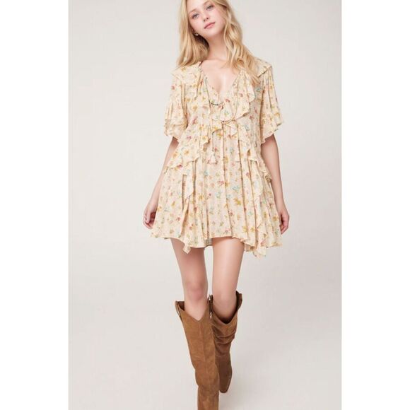 Boho Floral Tassel Tie V Neck Nuetral Ruffle Wide Sleeve Mini Dress Sz Medium - Picture 1 of 10